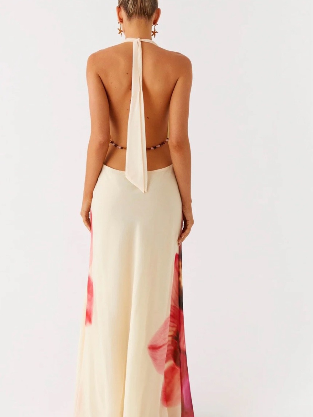 Peppermayo Cream Halter Maxi Dress with Pink Floral Print - Picture 3 of 3